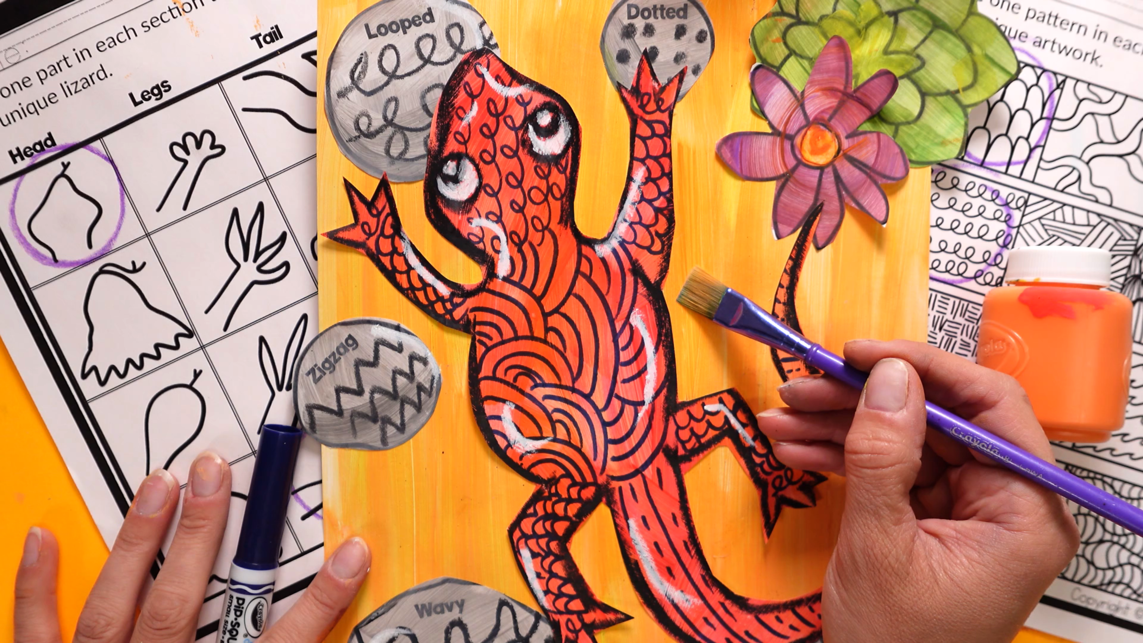 Line Lizard Art Lesson for Grade 1 | Element of Art Line Project