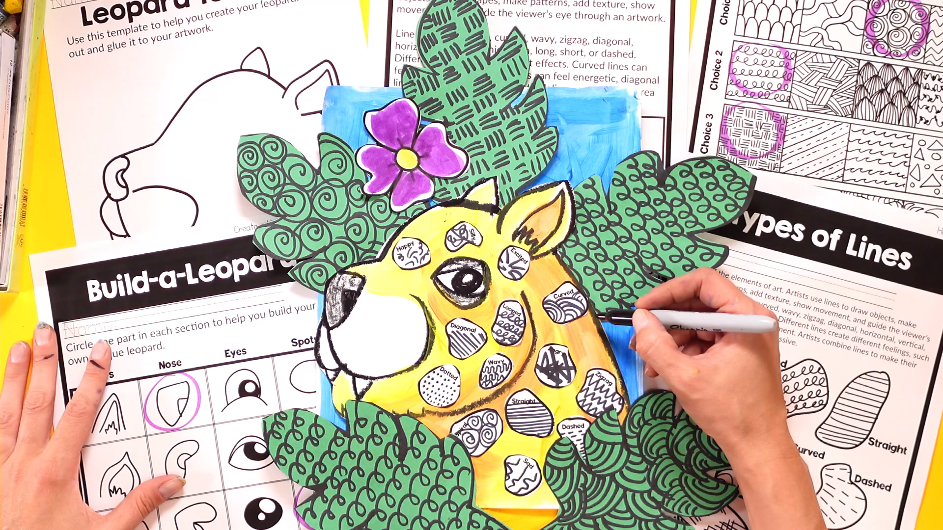 Line Art Lesson for 3rd Grade | Types of Lines Leopard Art Project