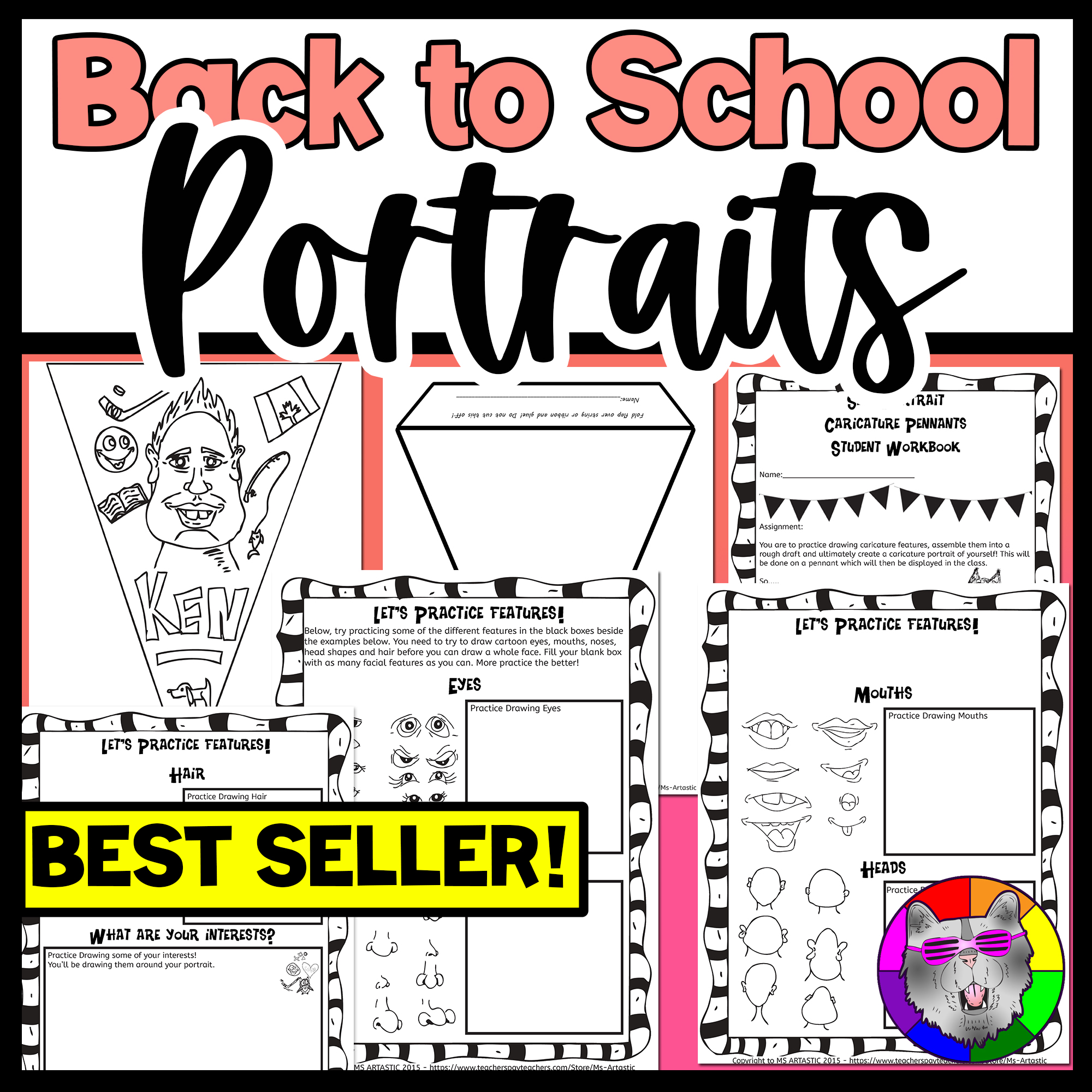 Back to School First Week Self Portrait Art Lesson Cartooning Selfie Art Project