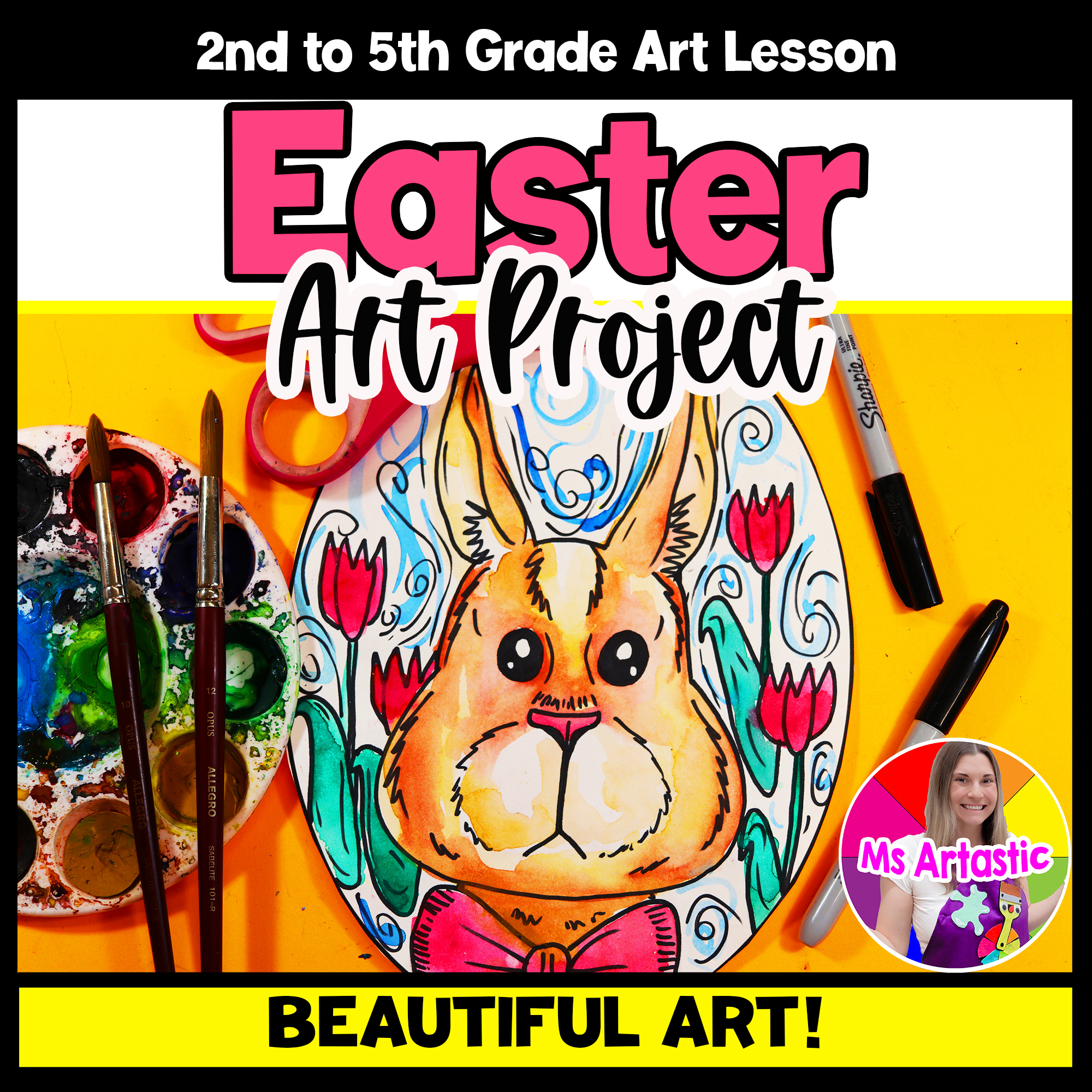 Easter Bunny Art Lesson Easter Bunny in Tulips Watercolor Painting Art Project