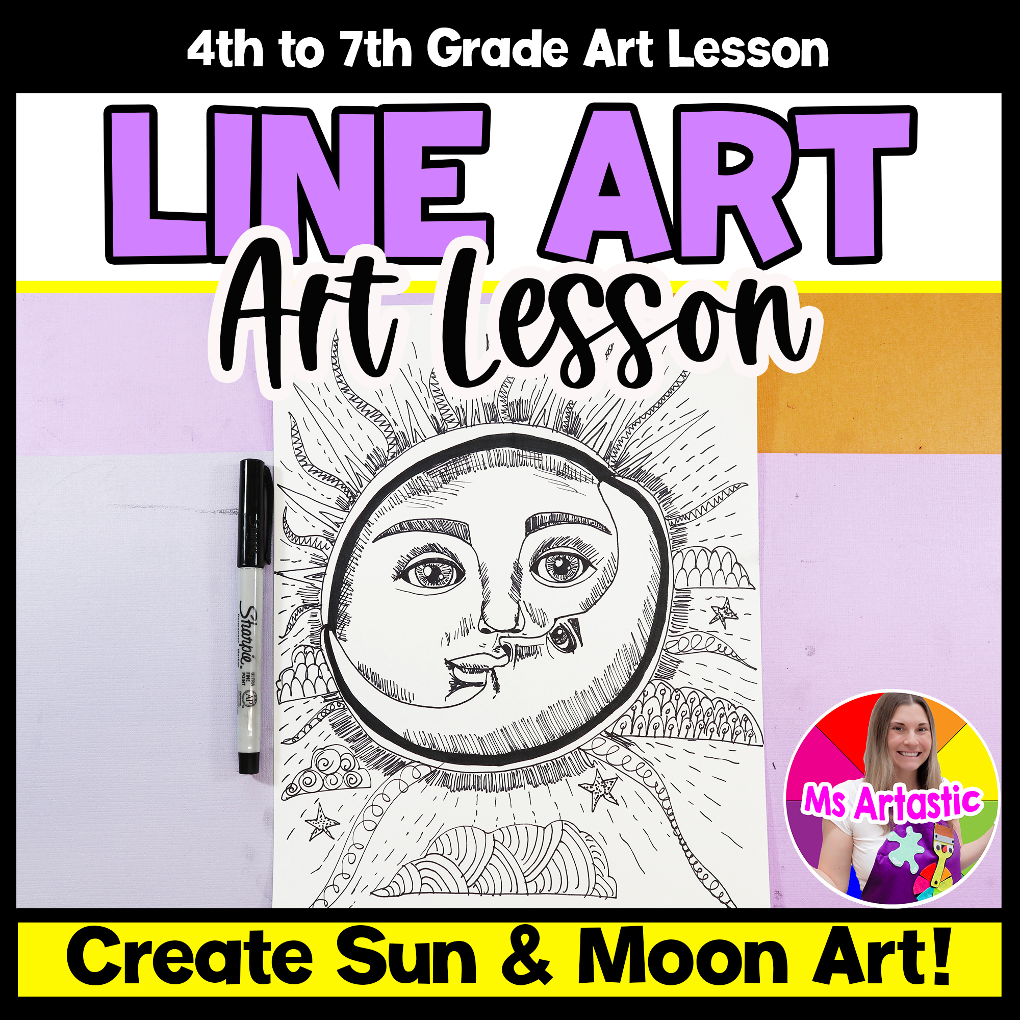 Sun and Moon Line Art Lesson Element of Art Line Art Middle School Art Activity