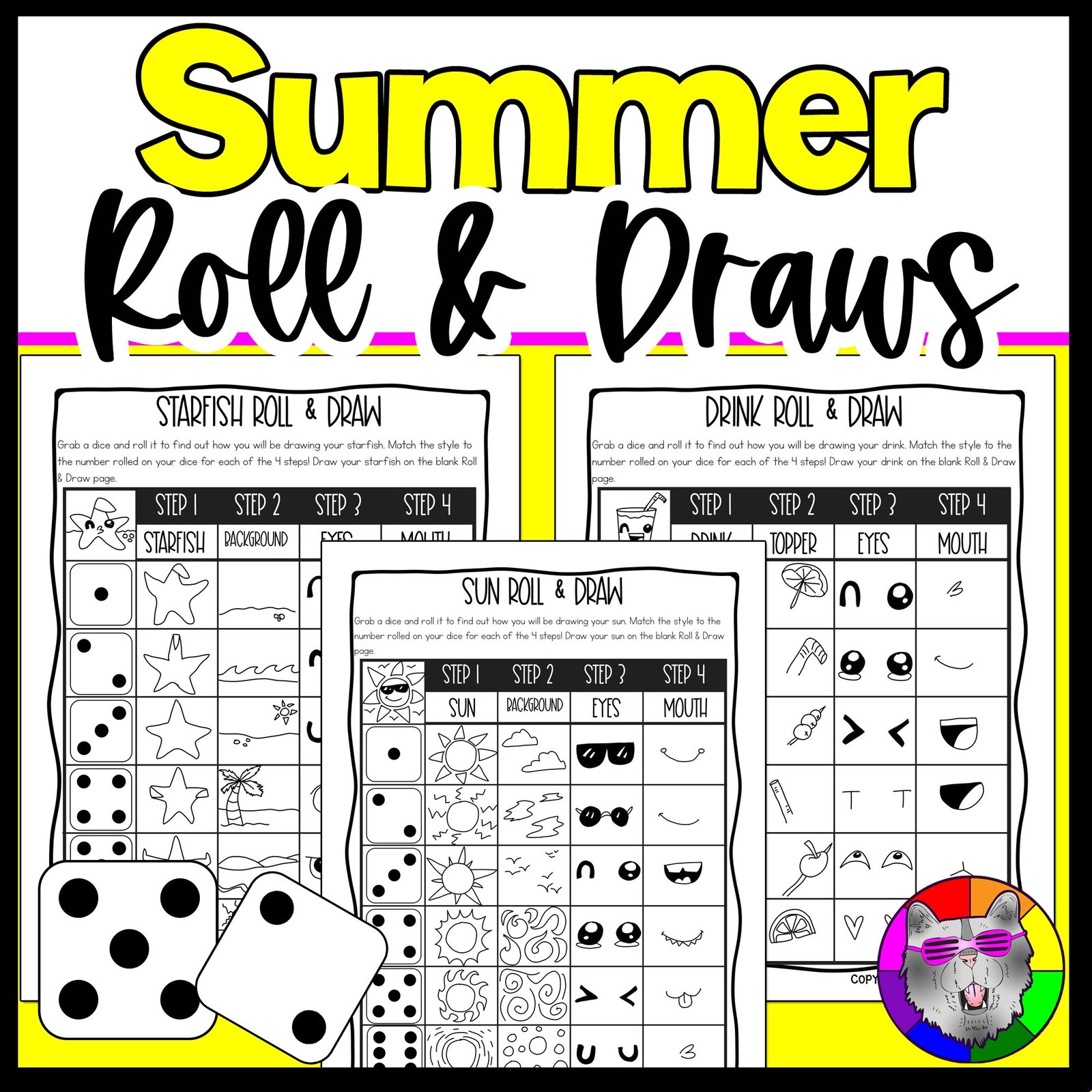 Summer Roll and Draw Directed Drawing Game Summer Art Activity Dice Drawing