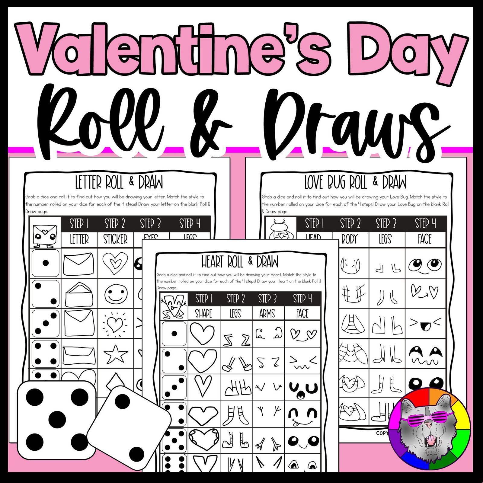 Valentine’s Day Roll and Draw Directed Drawing Activity Valentine Art Game Art