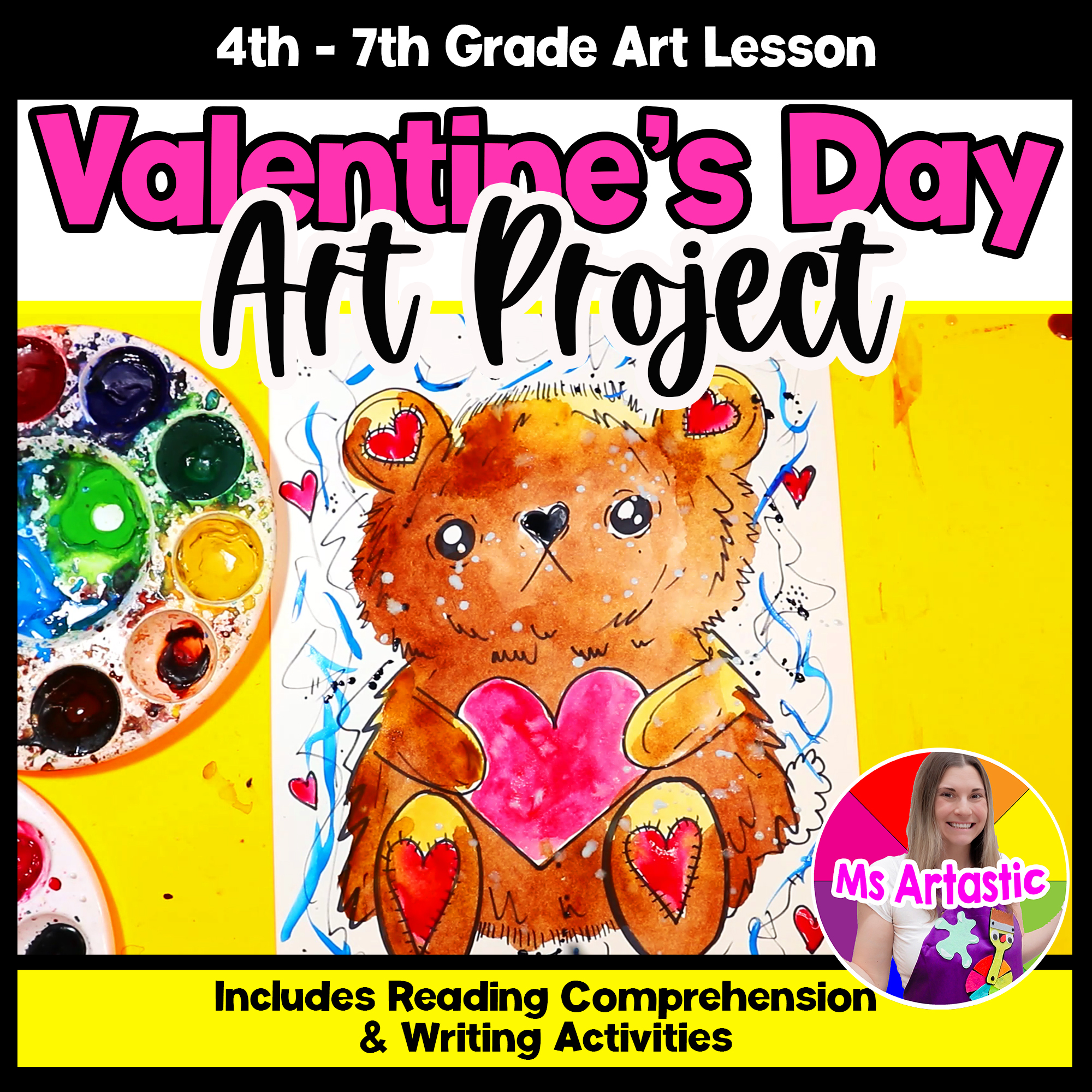 Valentines Day Art Project Teddy Art and Writing Prompt Reading Comprehension